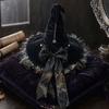 xiaobudian Halloween Witch Hat for Women, Velvet Wizard with Ruffle Brim And Bow Party, Masquerade, Cosplay Costume Accessory