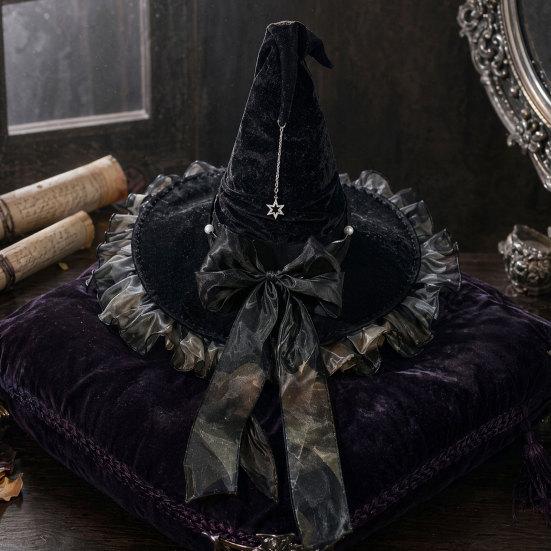 xiaobudian Halloween Witch Hat for Women, Velvet Wizard with Ruffle Brim And Bow Party, Masquerade, Cosplay Costume Accessory