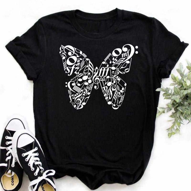 Neues Harajuku Lustiges Musiknoten-Kunst-T-Shirt mit 3D-Print, Damen-T-Shirt, Musik-Tops, kurze Ärmel, schwarzes T-Shirt