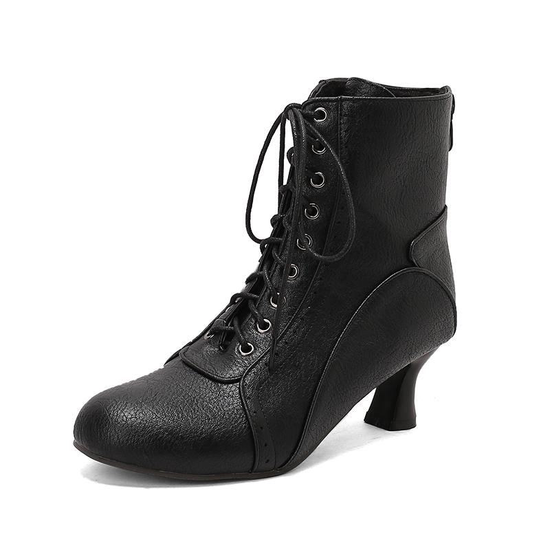 Neue Schnür-Damen-High-Heel-Schuhe Seltsamer Steampunk-Stiefel Viktorianische Stiefeletten Damen Spitzzehen Dicksohlige Kurze Stiefel