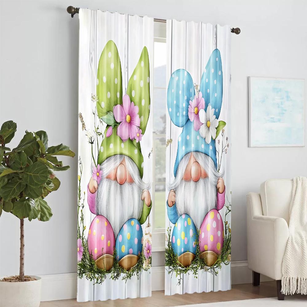 2Pcs Easter Egg Gnome Rabbits Printed Window Curtain For Bedroom Office Kitchen Living Room And Study Rod Hole Window
