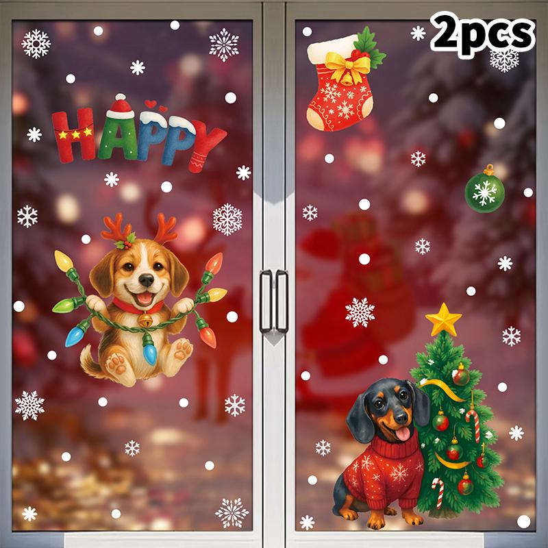 Christmas Wreath Puppy Glass Stickers Static Decorations Gift Box Shopping Mall Window Decoration Holiday Theme