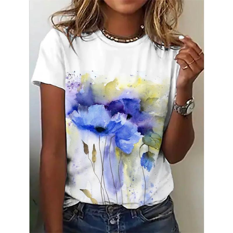 Women's 3D Summer Personalized Fresh Flower Printed Round Neck Flower Painting Short Sleeve T-shirt