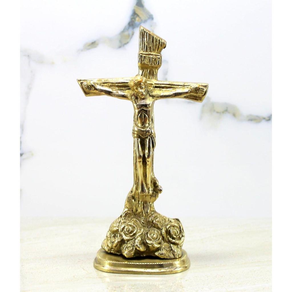Brass Jesus Christ Cross Statue, 8 X 4.5 X 2.5 Inch, Multicolour