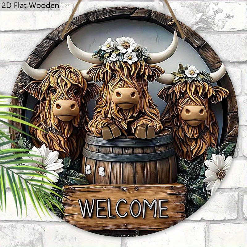Retro Wooden Welcome Sign with Highland Cattle Design - Rustic Decorative Plaque for Farmhouse, Front Door, Herd Decorations