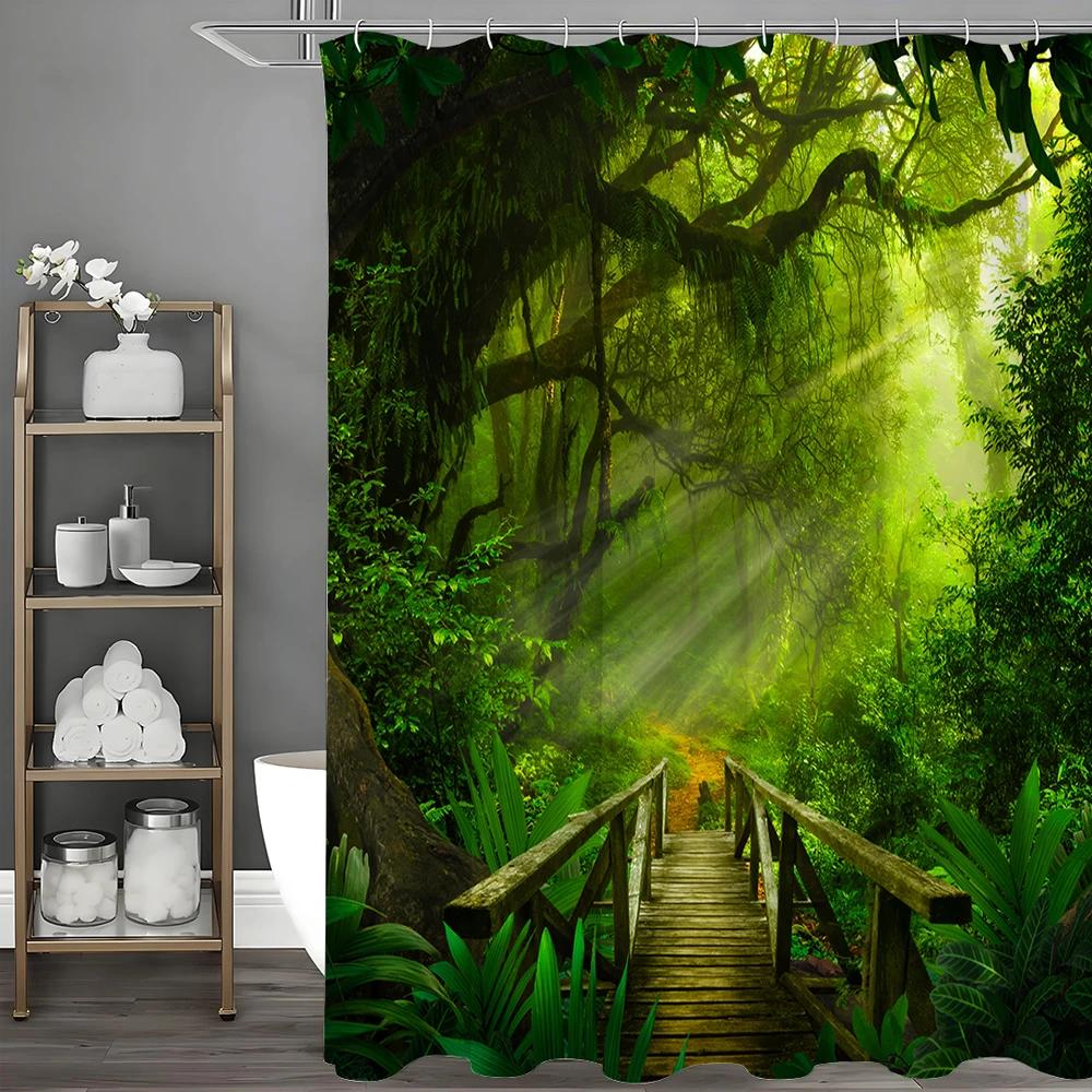 Forest Woodbridge Tree Greenery Sunlight Green Healing Shower Curtain, Bathroom Decorative Shower Curtain, Waterproof Shower Cur