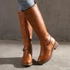 Fashion Thigh High Boots Brown Women Vintage Leather Square Heel Zipper Knee Height Buckle Boot Keep Warm Round Toe Shoes British Style