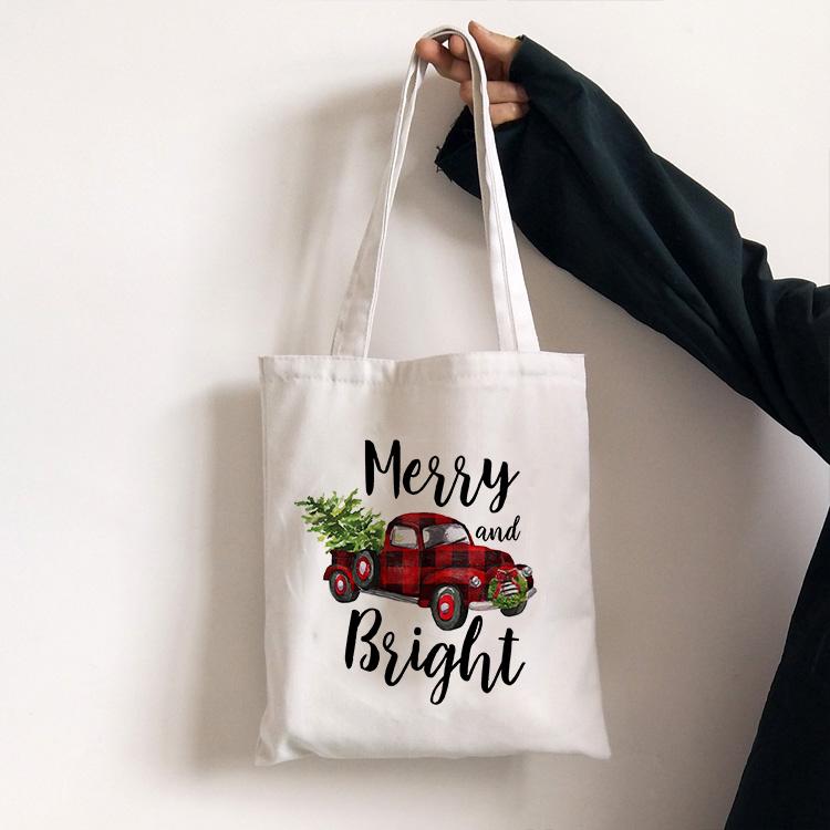 New Fashion Women Shopping Bag Ladies Canvas Plaid Merry Christmas Printed Shopping Bags Totes Girls School Bag