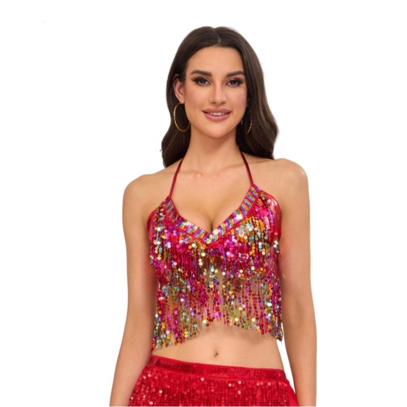 Belly Dance Costume for Women Belly Dancing Glitter Bra Tops Sequins Fringes Tassels Halter Tops for Stage Performances
