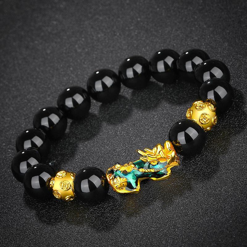 Vietnamese Sand Gold 3D Temperature-Sensitive Color-Changing Pixiu Bracelet, Obsidian Six-Character Mantra Buddha Bead Bracelet.