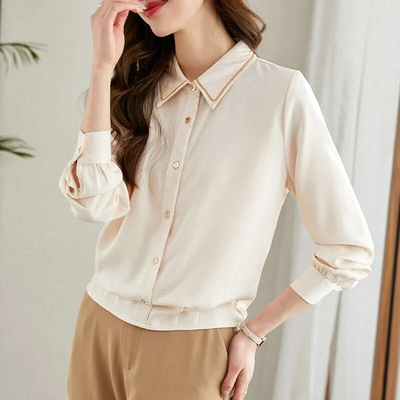 Mode soie Blouse femmes à manches longues boutonné femmes chemises col rabattu élégant femme hauts Chic vêtements 29468