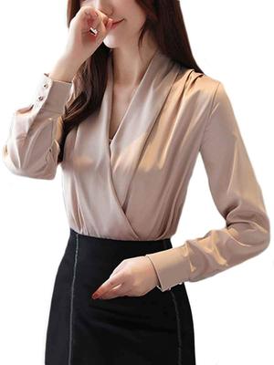 Luxia Phil Blouse à col V drapée longue unie ample pour bébé sous-vêtement femme, Beige, Grand, Taille, Manches, Couleur, Coupe, Mignon, Élégant, Élégant, Décontracté,