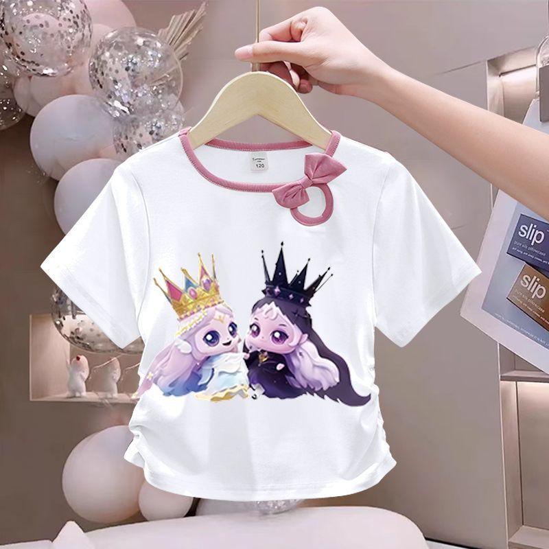 Girls' Cute Bowtie Top for Summer Children's Fashionable Round-neck Short-sleeved Pure Cotton T-shirt