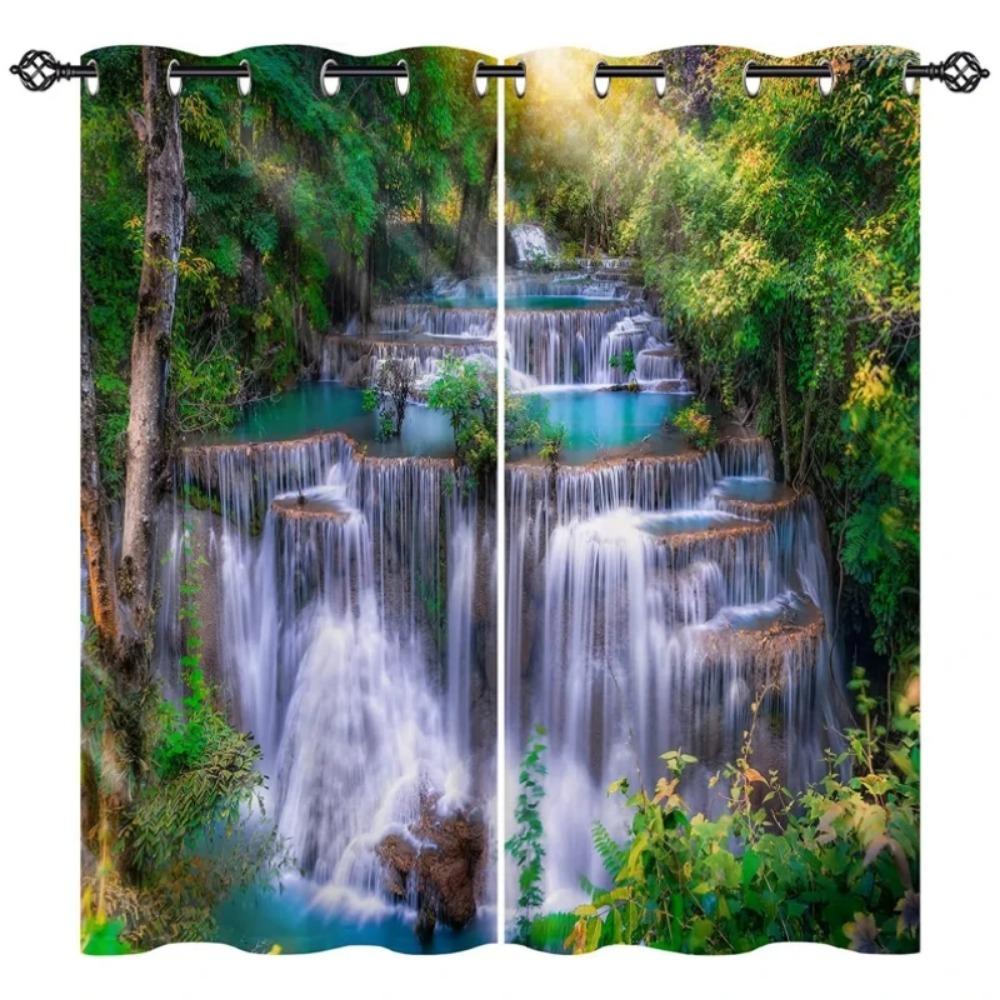 Forest Waterfall High Shading Drapes ideal for Bedroom Space Natural Landscape Blackout Curtains Mountain Stream Window Opening Drape Living Room