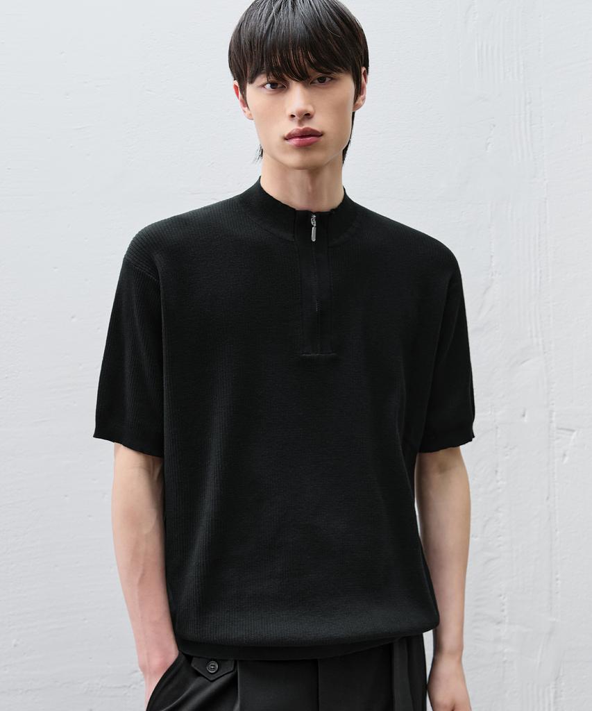 DRAW FIT Urbane Ribbed Half Zip Knit [Black]