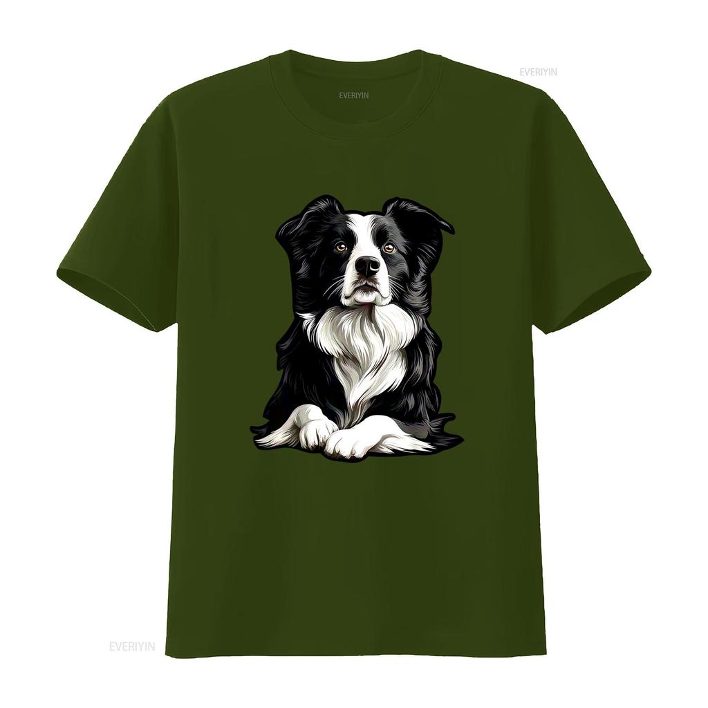 Zwaar 18gsm Border Collie T-shirt Realistische Zittende Hond Print Zwart Casual Ronde Hals Voor Huisdierbezitters Maten S Xxxl Alle