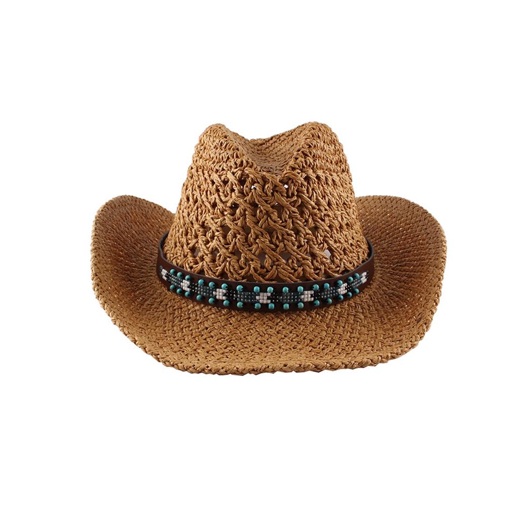 Hollow Out Bead Belt Decor Western Cap for Outdoor, Beach, Party Women Wide Brim Straw Cowgirl Hat Stylish Panama Beach Caps