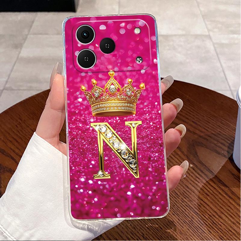 Phone Case For Tecno Spark 50 Bumper Transparent TPU Shockproof Soft Casing Crown Lucky Initial Letter Pattern Couple Shell