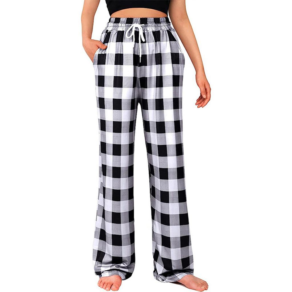 Women's Fashion Straight Leg Pants Drawstring Stretch Plaid Comfort Pajama Pants