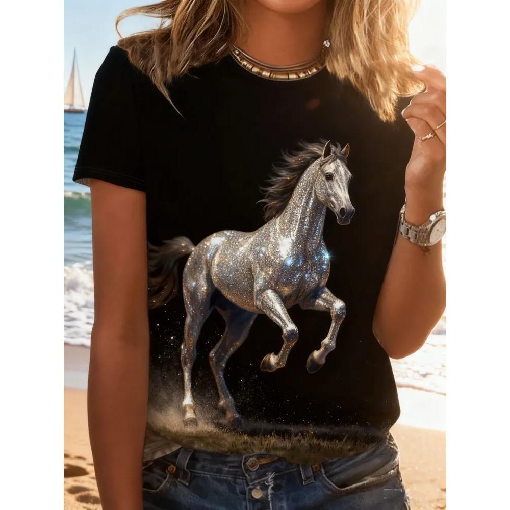 Dam T-shirt 3D Mönster Tryckt Casual Kortärmad Rundhalsad Topp Trendiga Gatu Damkläder