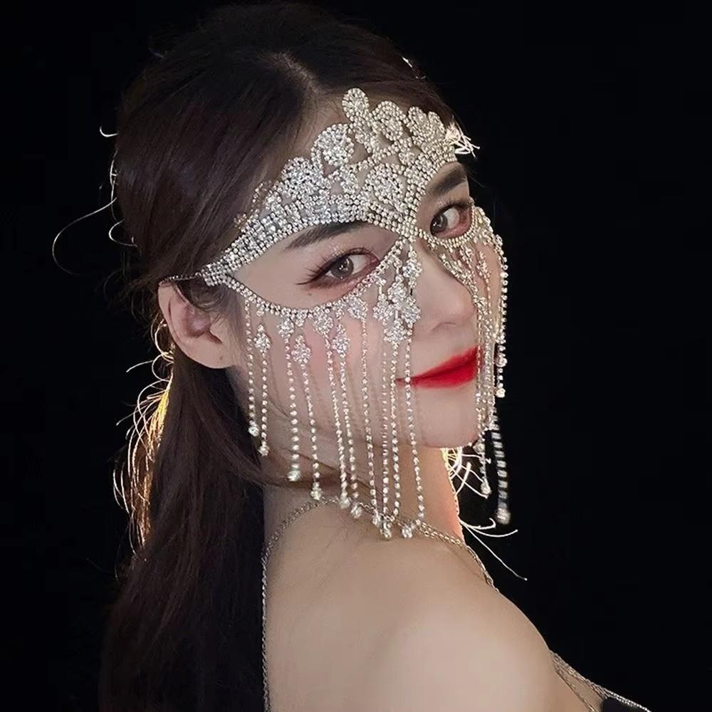 Retro Face Chain Shiny Rhinestone Mask Bohemian Style Masquerade Mask for Women