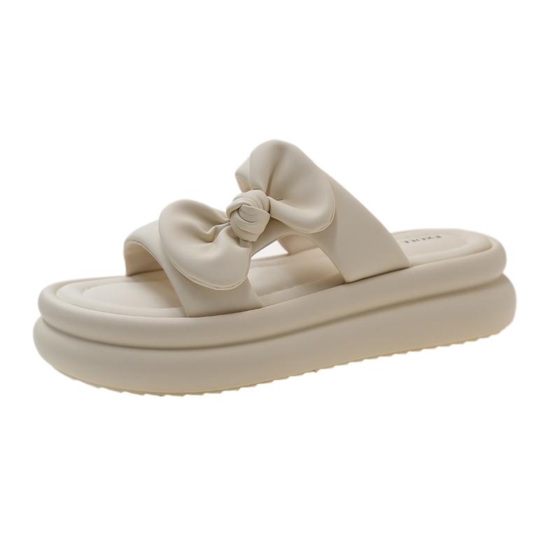 Fashionable Cool Slippers 2025 New Soft Leather Thick Sole Bow Tie for Wearing On The Beach Daily Slippers