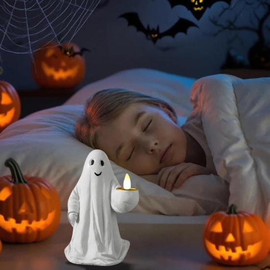 Halloween Geist Figur Weißer Geist mit Kürbis Katze Gruselig Harz Ornament Gravierte Halloween Dekoration