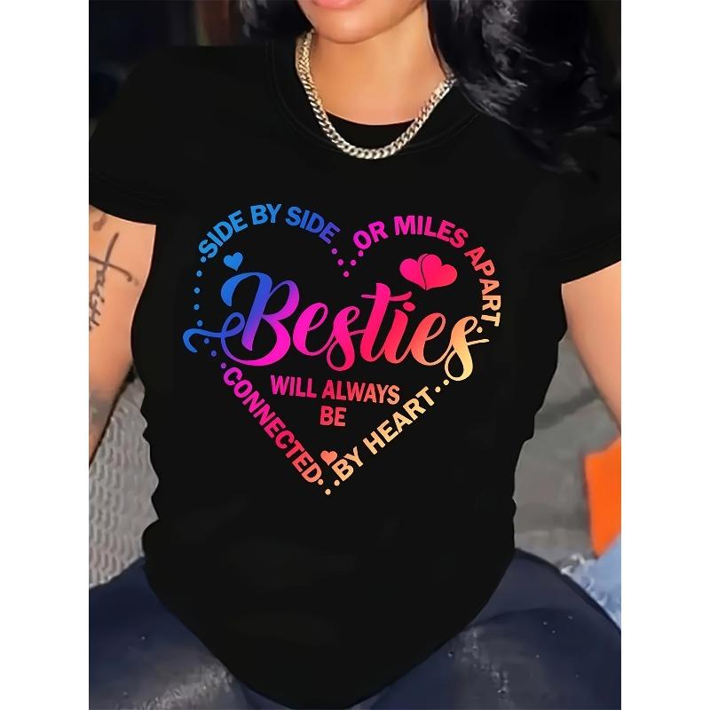 European Size Women'S Sisters Best Friend Rainbow Letter Print T-Shirt | Heart Butterfly Pattern, Casual Short Sleeve, Round Neck, All-Season Wearable