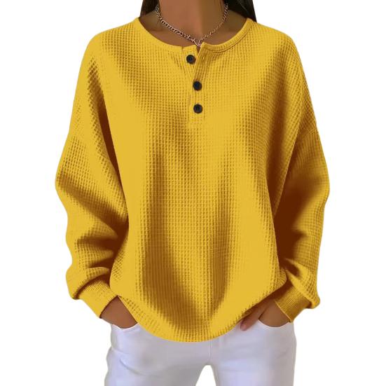 Women Tops Crew Neck Buttons Decor Long Sleeve Pullover Tops Solid Color Waffle Weave Textured Blouse Daily Wear