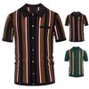 Men Shirt Contrast Color Single-breasted Short Sleeve Stripe Print Knitted Summer Tops Male Clothes