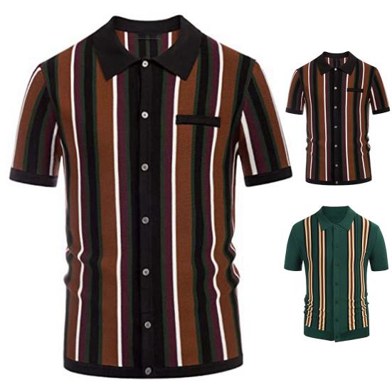 Men Shirt Contrast Color Single-breasted Short Sleeve Stripe Print Knitted Summer Tops Male Clothes