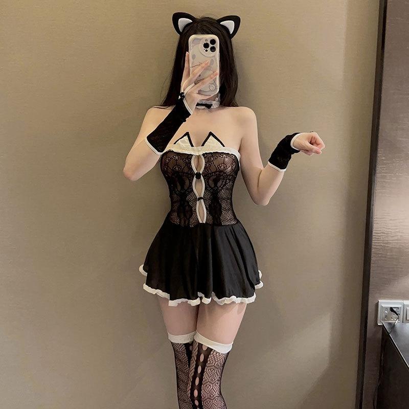 Sexy lingerie maid catwoman nightdress uniform seduction sexy lace tube top perspective splicing mesh set 2056