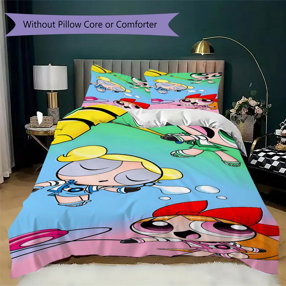 Powerpuff Girls Cartoon Prints Bedding, Duvet Cover and Pillowcases, Birthday Gift (1 Duvet Cover + 2 Pillowcases, Pillow Insert Not included)JM009