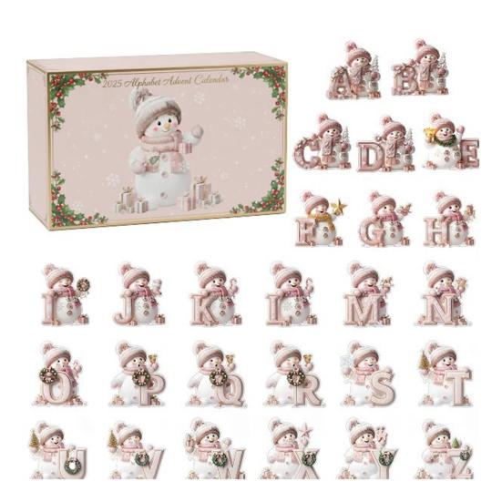 Calendar de Advent Om de Zăpadă Alfabet 2025 26 de Zile Calendar Numărătoare Inversă Crăciun cu Litere de la A la Z Set Pandantive Acrilice 2D Roz pentru Decor Arbore de Iarnă