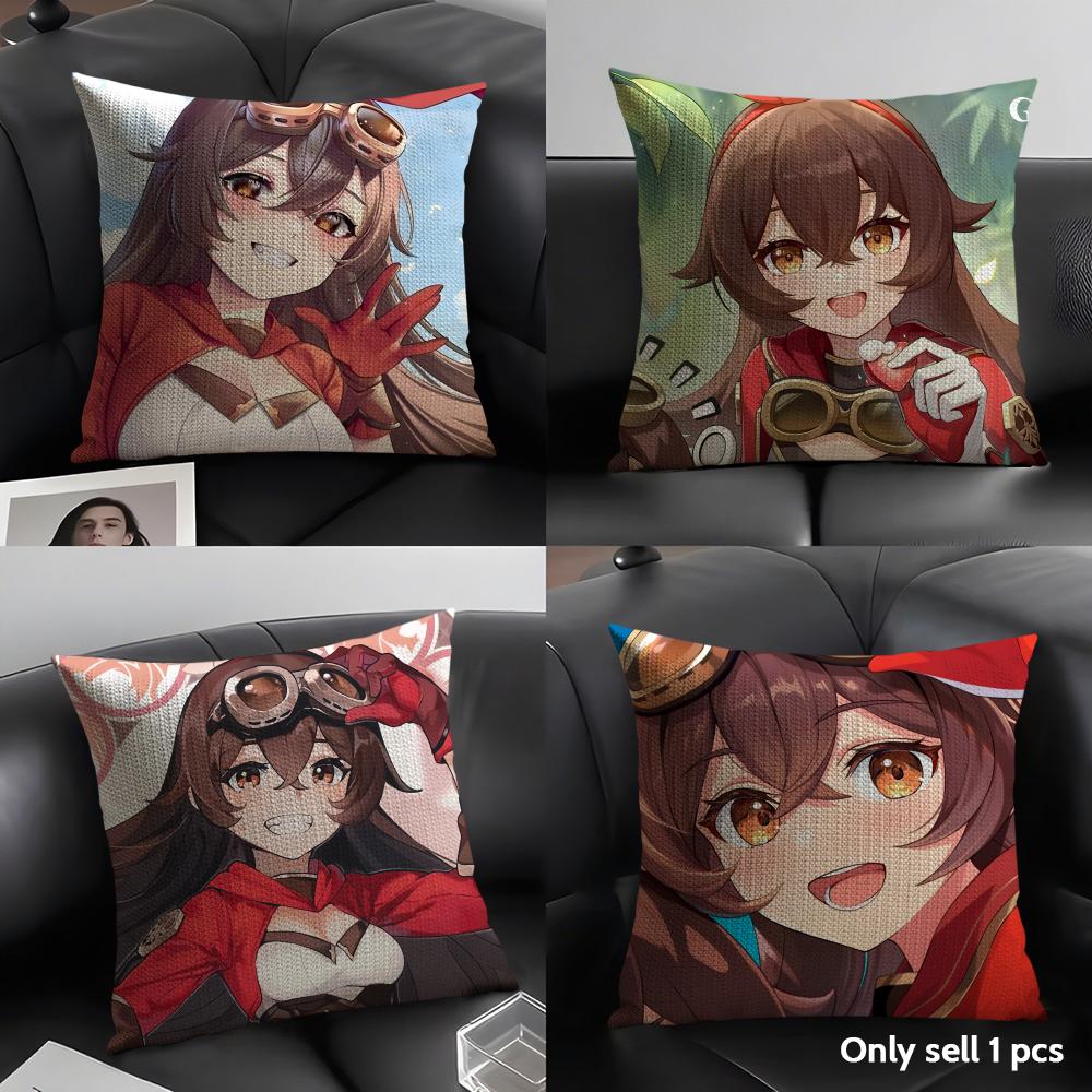 Amber Cute Genshin Impact Cushion Cover Natural Linen Organic Fabric Double-Sided Printing Sofa Home Decor Gift Pillow Case