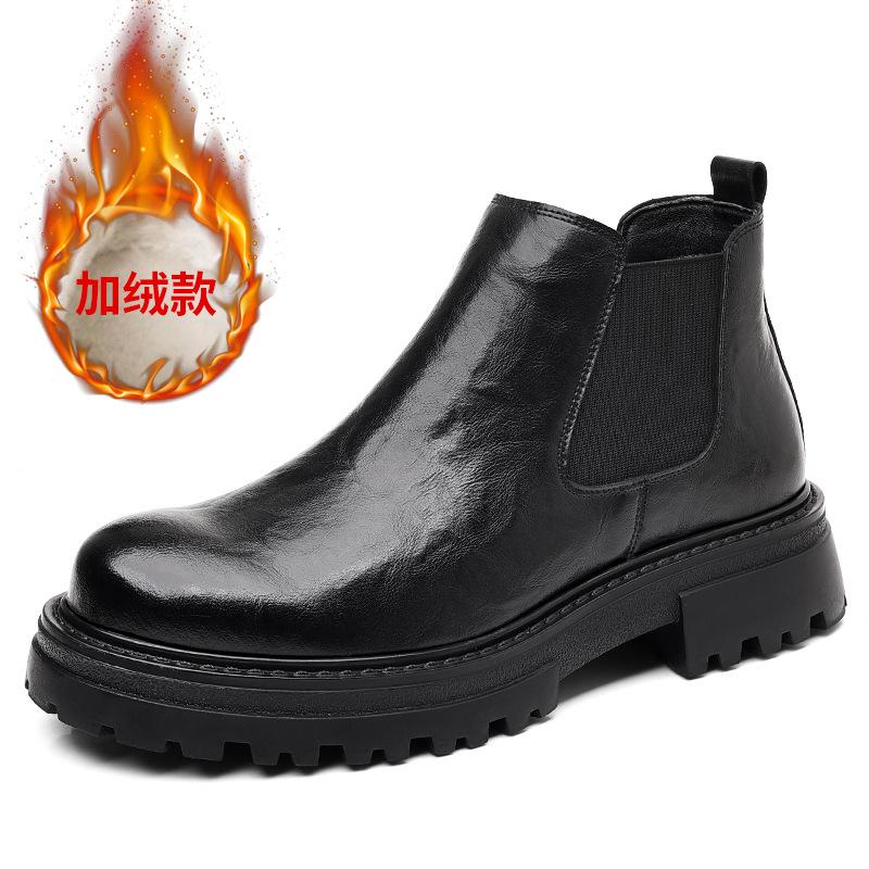 Autumn and Winter Low Helper Scratch Pattern Mid Top Chelsea Boots British Style Men's Shoes with Thick Fleece Insulation Boots