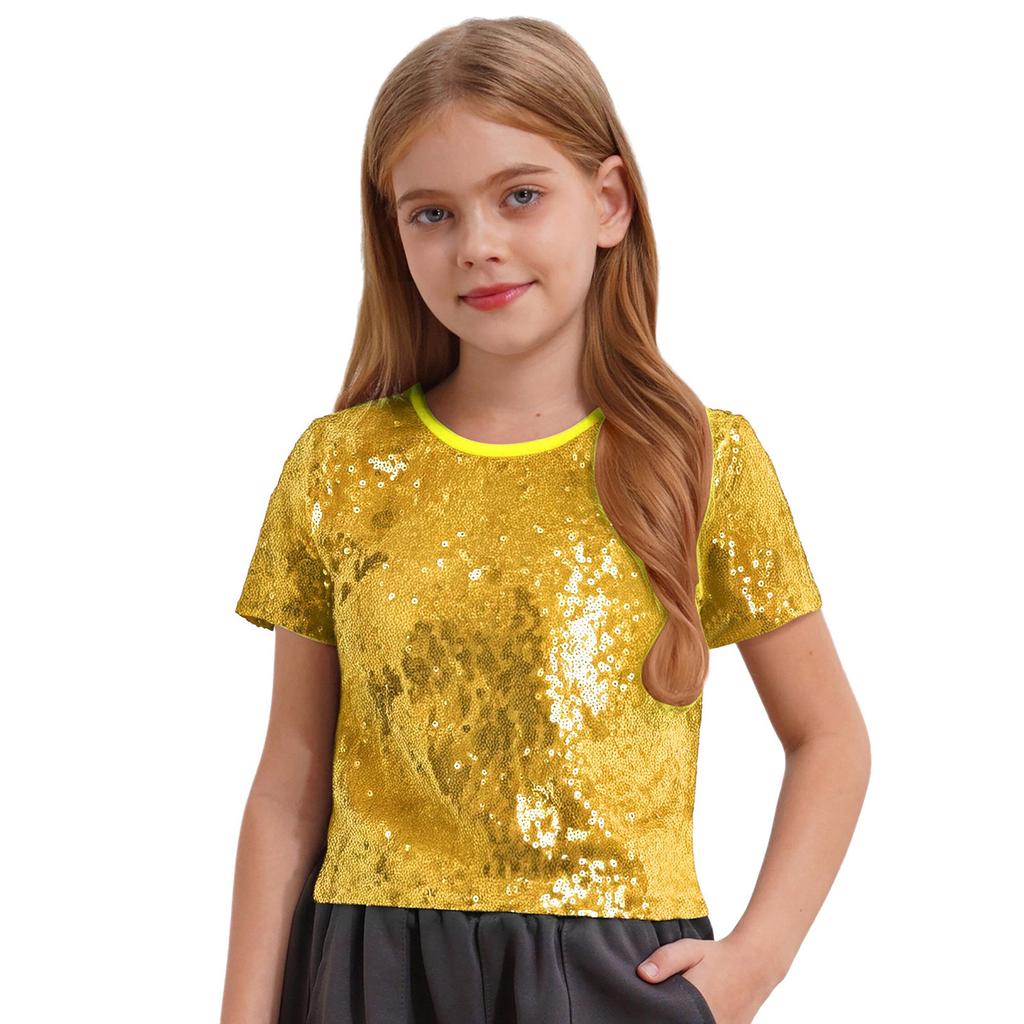 Children‘s Sequin Crop Top Short Sleeve Round Neck Sparkly Hip Hop Jazz Dance Stage Wear
