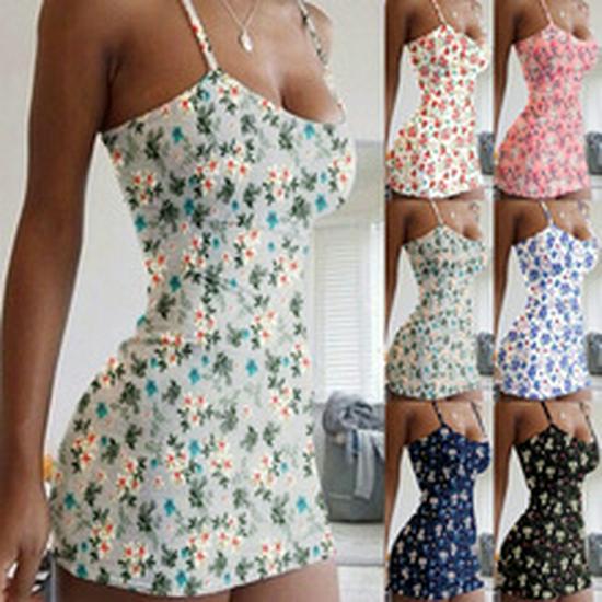 2025 Summer Floral Color Block Slimming Dress with Gathered Waist & Round Neck for Women