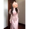 Womens Pink Mesh Polka Dot Dress Square Neck Tie Waist Long Dress