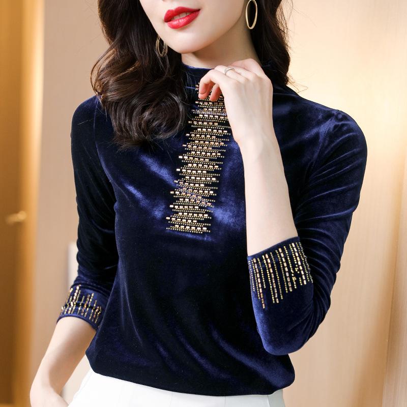 Half Turtleneck Plus Velvet Thickened Base Shirt for Women with Autumn and Winter Fashionable Warm Shirt for Long-sleeved T-shirt Gold Velvet Top