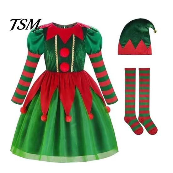 Elf Costume with Bells for Kids Christmas Set Boys Girls Festive Outfit Classic Red Boys' Suit Green Hat Stockings Dress-up Attire Parties Cosplay