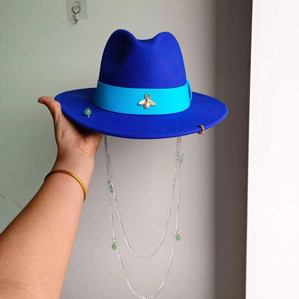 Double Chain Strap Hat Flat Top Fedora French Women's Autumn and Winter Women's Wide Brim Hat Sombrero Hombre