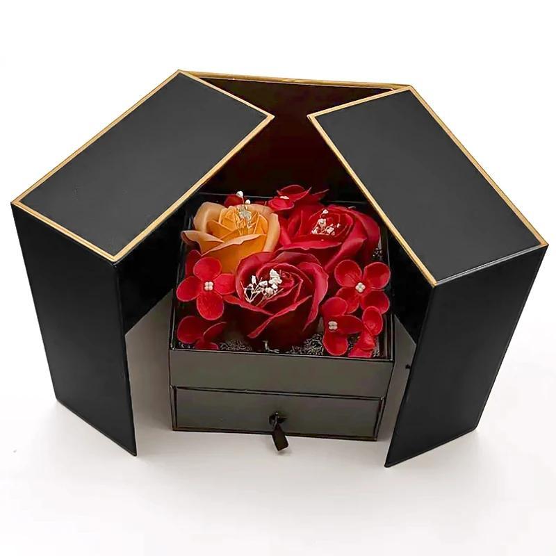 1 Pc Valentine's Day Eternal Soap Rose Flower Gift Box with Drawer Design Necklace Jewelry Packaging Double Door Boxes Wedding Valentine's Day Decor