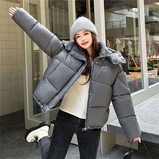 Damen Winter Steppjacke mit Kapuze Einfarbig Locker geschnitten Kurz Warm