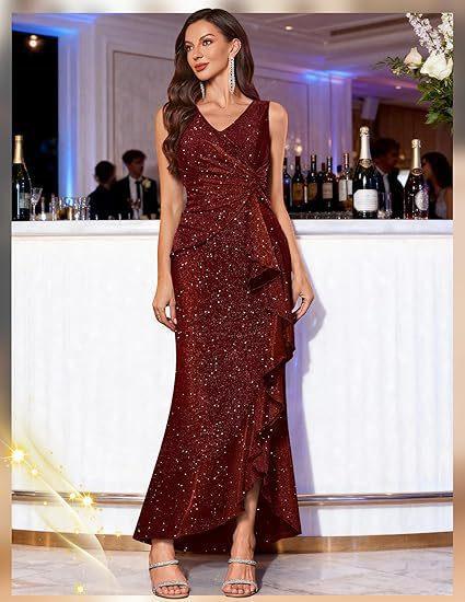 Neues sexy V-Ausschnitt-Kleid, Pailletten-Schlitz-Abendkleid, Dinnerparty
