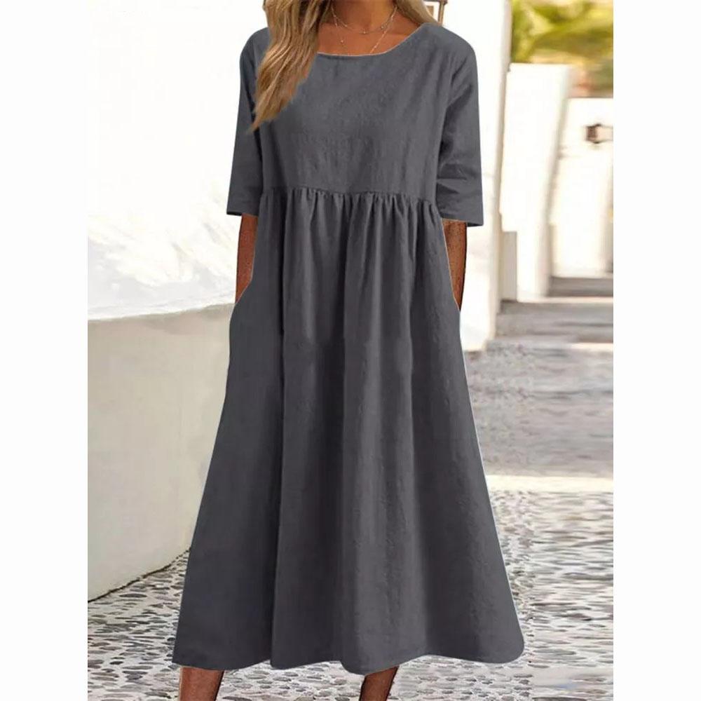 Summer Women Fashion Solid Color Dress Loose Cotton Linen Round Neck Dress Five Piece Sleeves