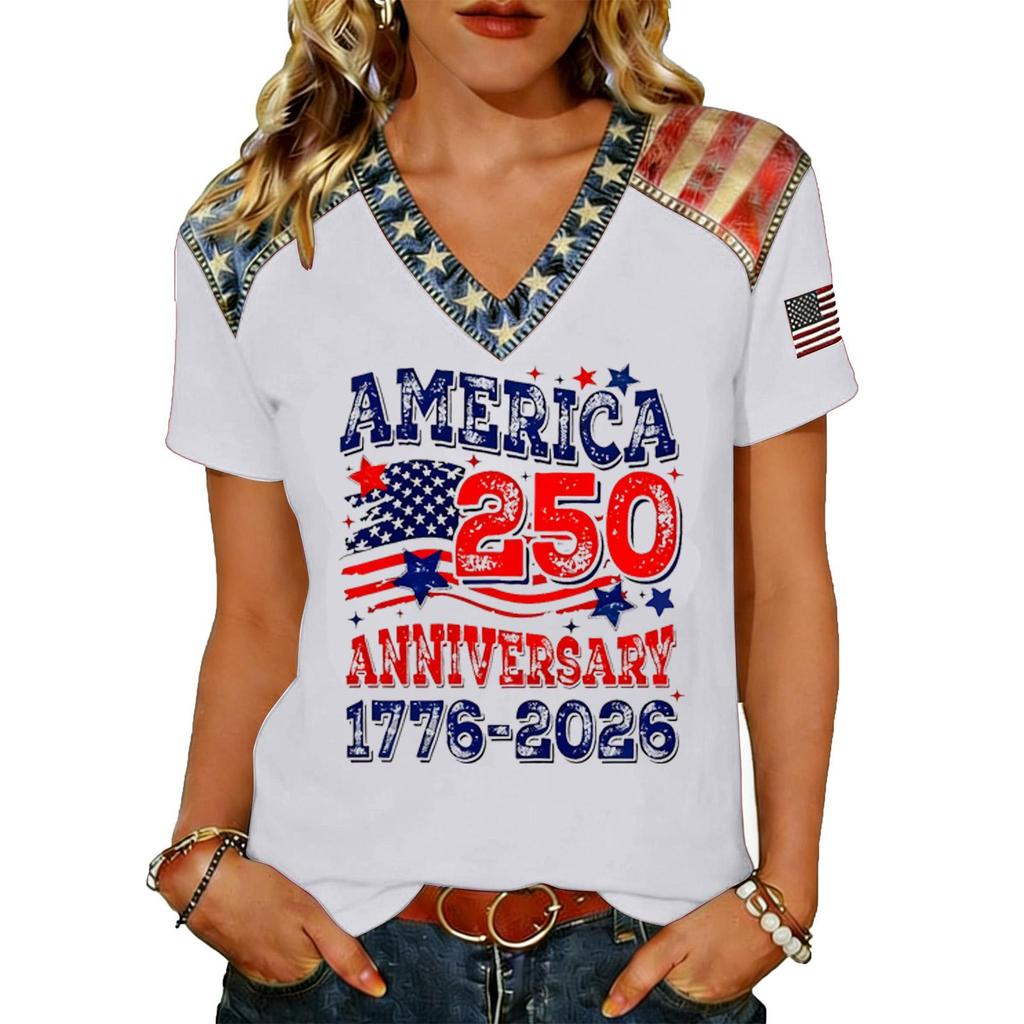 Women's Casual V Neck Short Sleeve Pullover T Shirt Top American Flag Print 250th Anniversary Graphic Tee Lightweight Comfortable