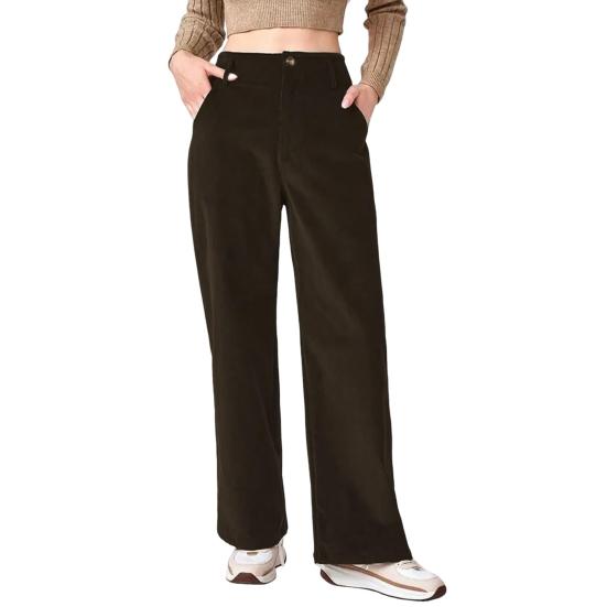 Women Corduroy Long Pants High Waist Button Zipper Fly Solid Color Straight Wide Leg Trousers with
