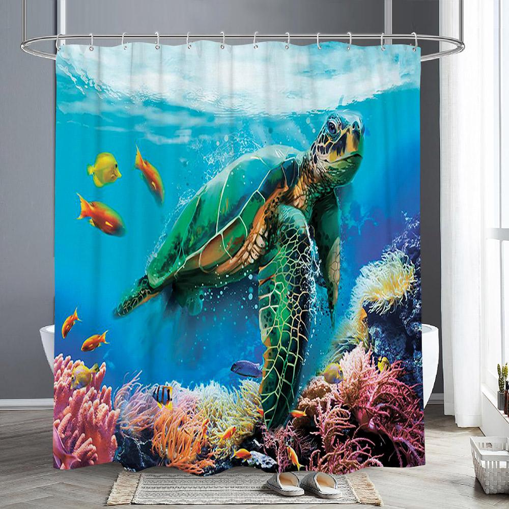 Ocean Animals Shower Curtains Dolphin Sea Turtle Fish Coral Underwater Cave Scenery Fabric Children Bath Curtain Bathroom Decor