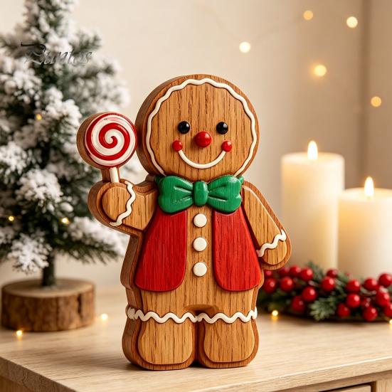 Unique Holiday Tabletop Gifts Christmas Gingerbread Man Ornament, Hand Painted Vintage Wooden Retro Style Ornaments Figurine, Rustic Decor for